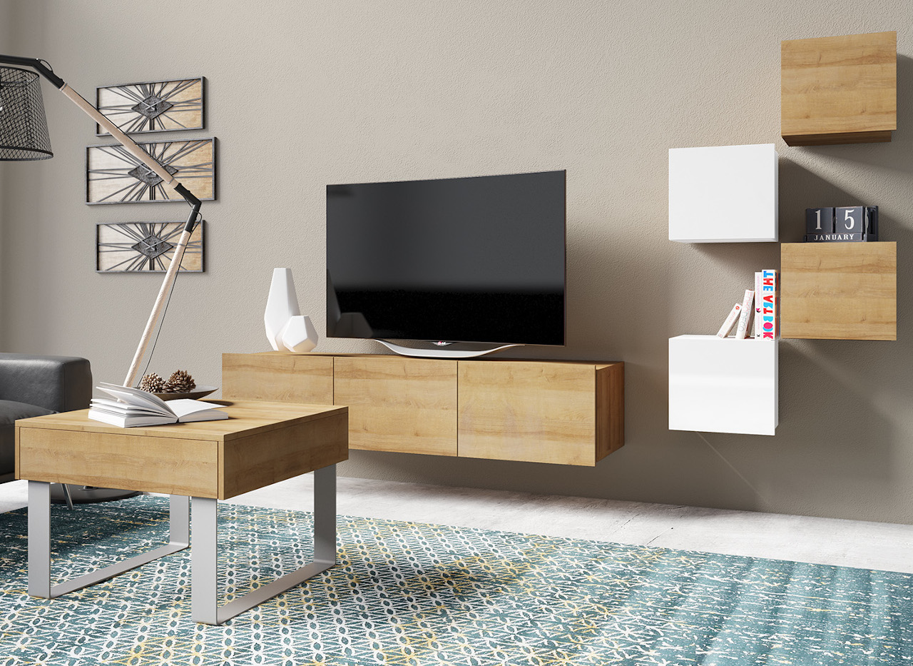 Мебели за хол КАЛАБРИЯ 16 бял / златен дъб