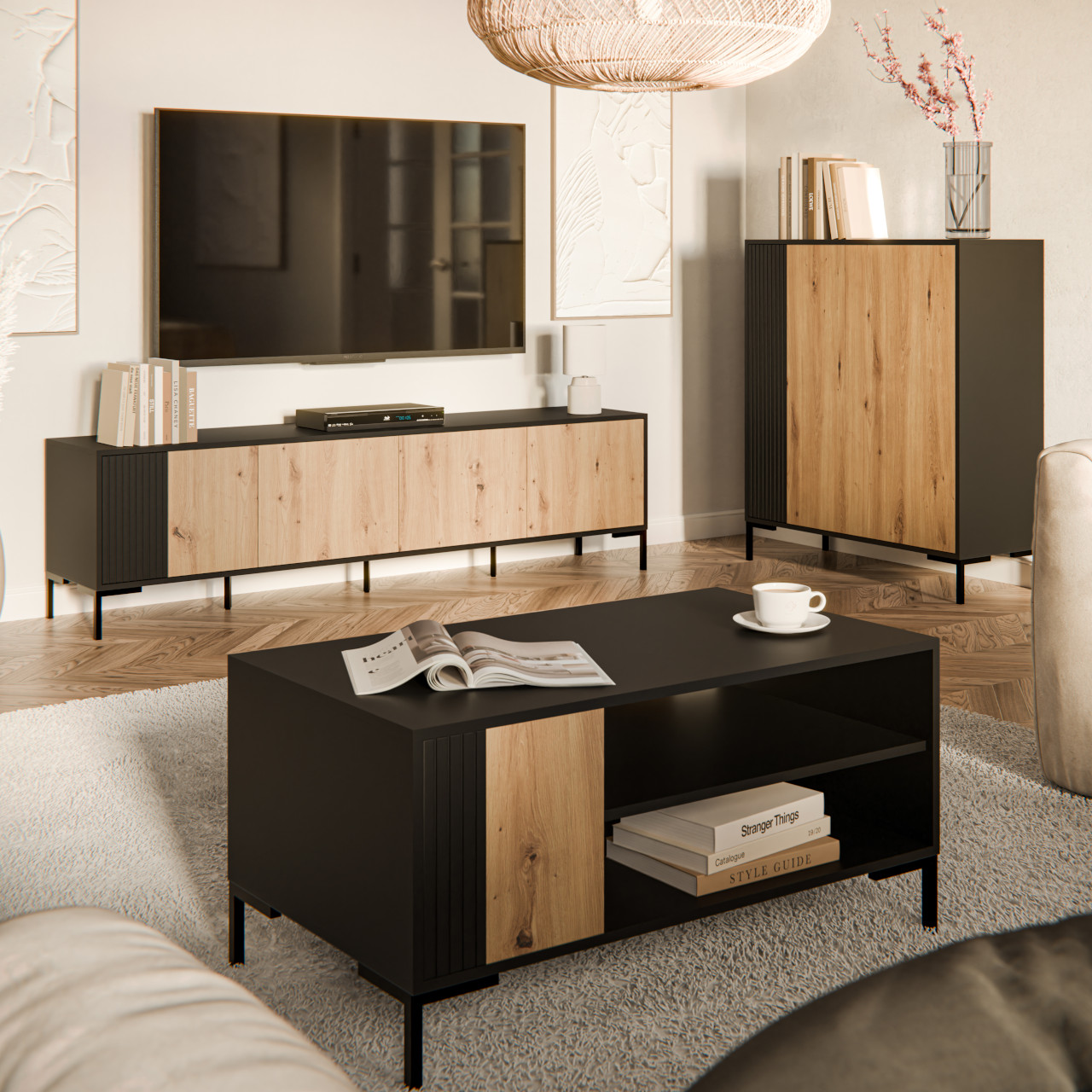 CIMER 1 Мебели за хол черни / занаятчийски дъб