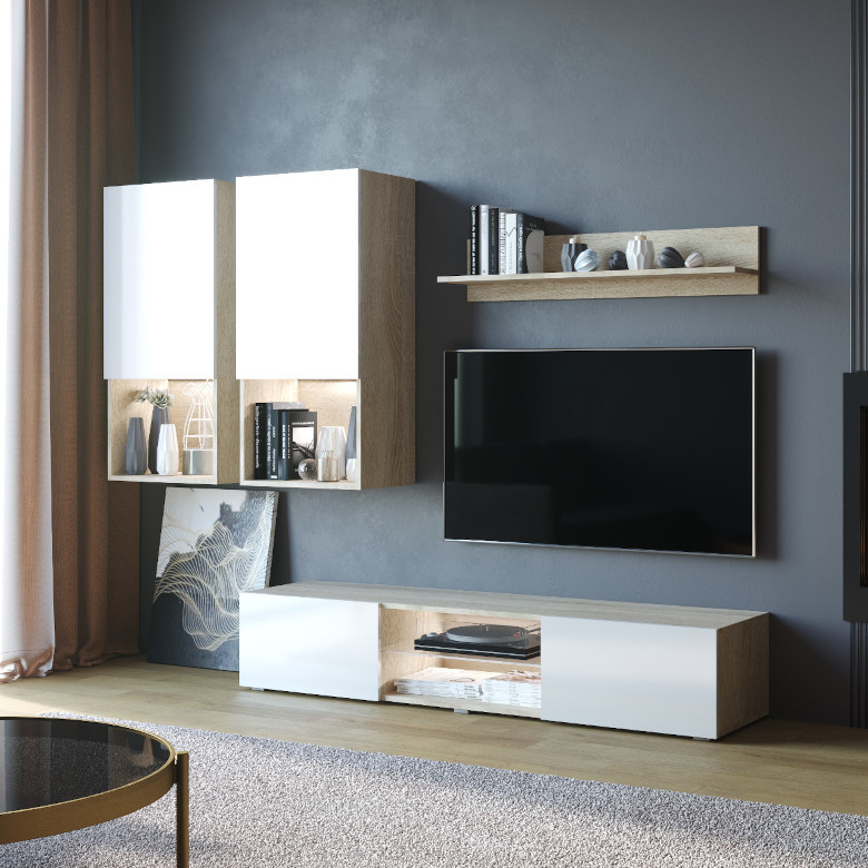 Деко стенен шкаф, дъб Сонома, бял гланц